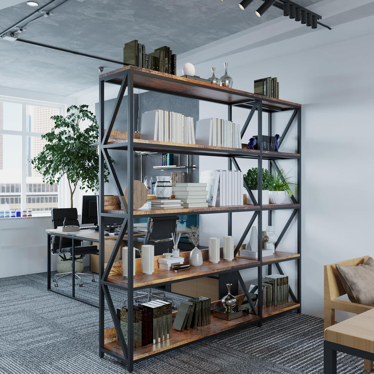 Corner Bookshelf with Light, Indoor Plant Bookcase with Grow Light L Shaped 5 Tier Tall Corner Shelf LED Display Shelves, Vintage Industrial Rotating Bookshelves Metal and Wood Book Shelf