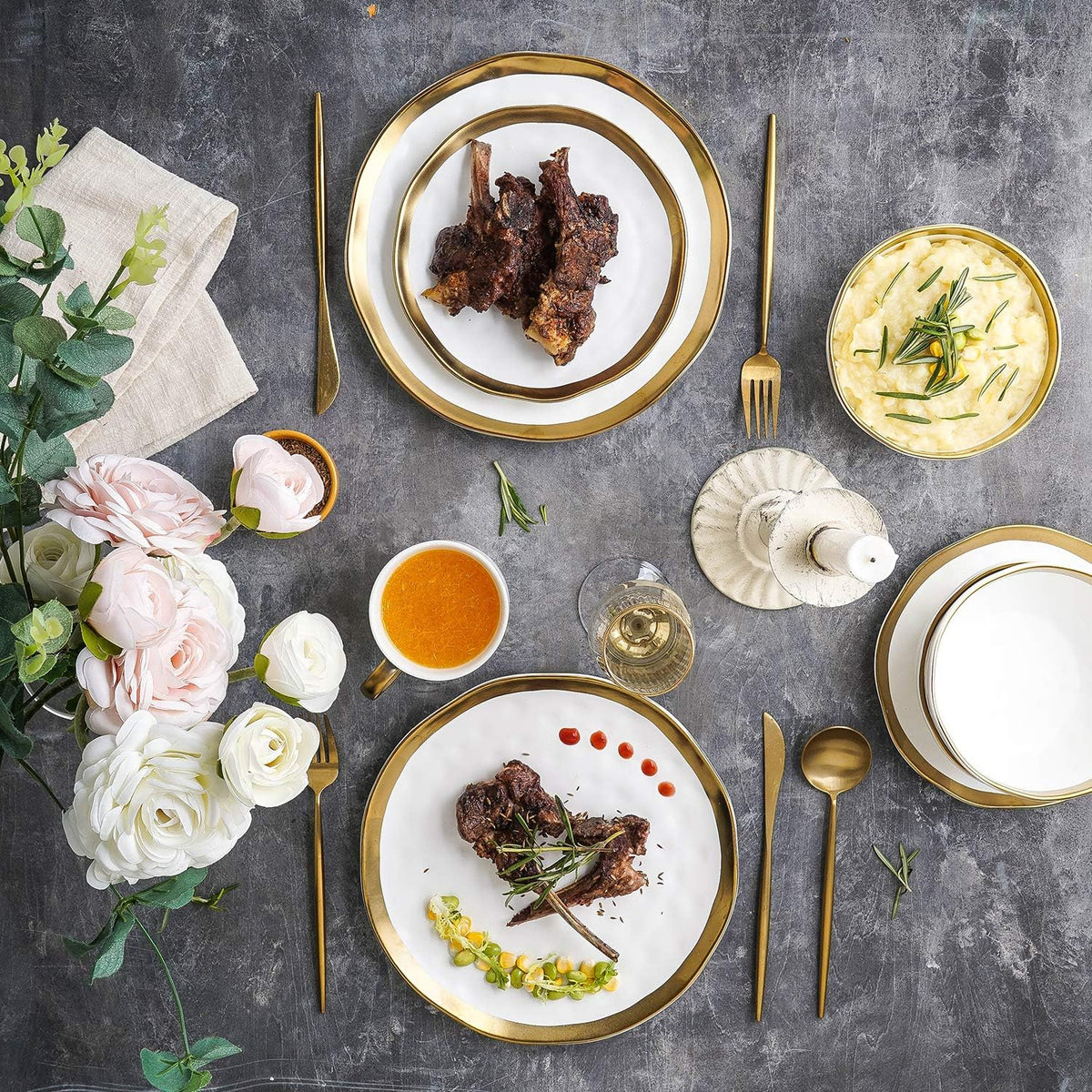 Stone Lain Modern Poreclain 16 Piece Dinnerware Set, Plates and Bowls Set, Dish set for 4, White And Golden Rim