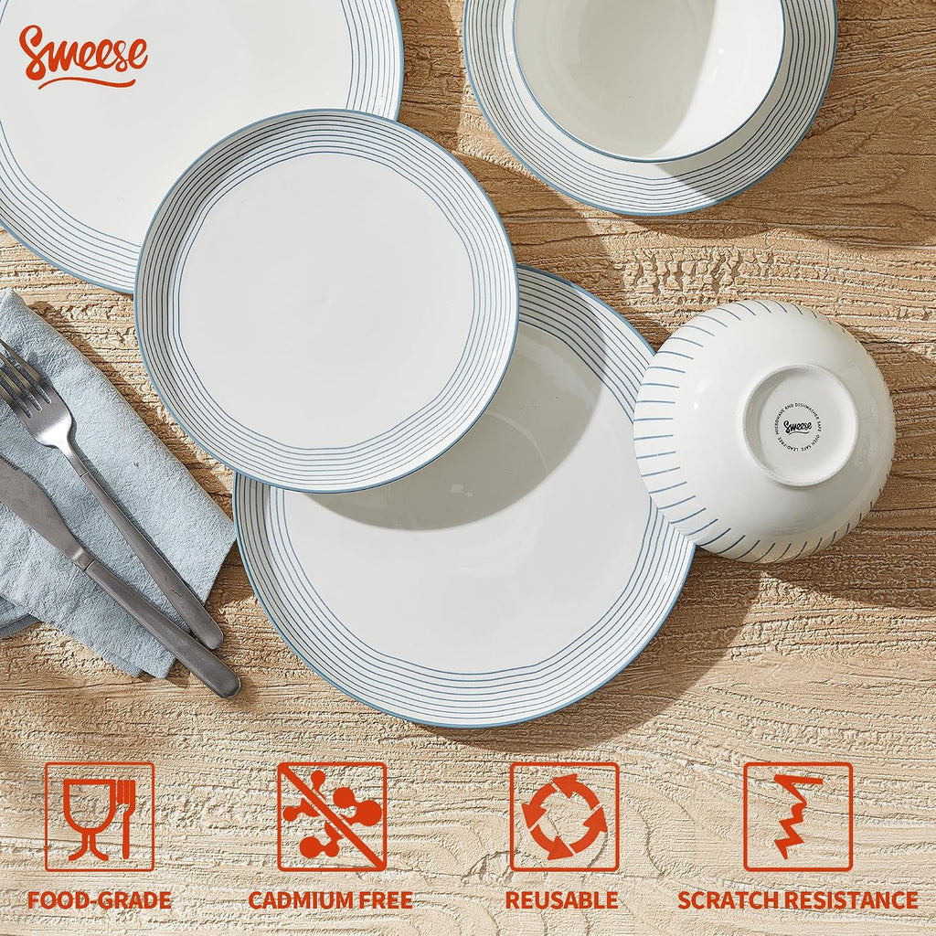 Sweese Lightweight Dinnerware Sets, Plates and Bowls Set for 6, 18 Pieces Stripe Dishes - Chip and Scratch Resistant, Microwave and Dishwasher Safe Porcelain Dinner Sets, Blue