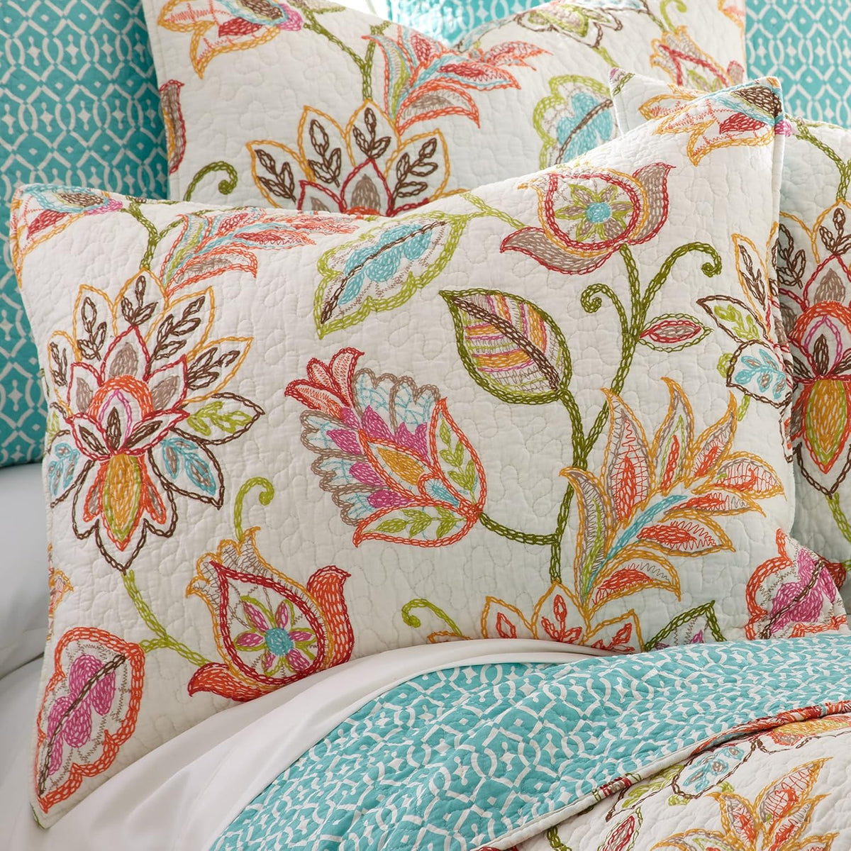 Levtex Home - Sophia Quilt Set - Twin/Twin XL Quilt 68x86in. + One Standard Pillow Sham 26x20in. - Floral - Orange, Yellow, Red, Green, Teal, and White - Reversible - Cotton Fabric