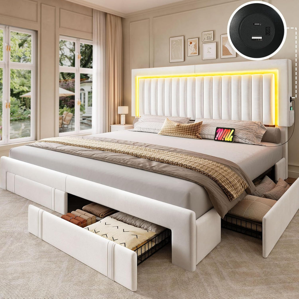 YITAHOME King Size Bed Frame with Adjustable Headboard, 4 Storage Drawers and RGB LED Lights, Velvet Upholstered Platform Bed with USB Ports, No Box Spring Needed, Fast Assembly, Noise-Free, White