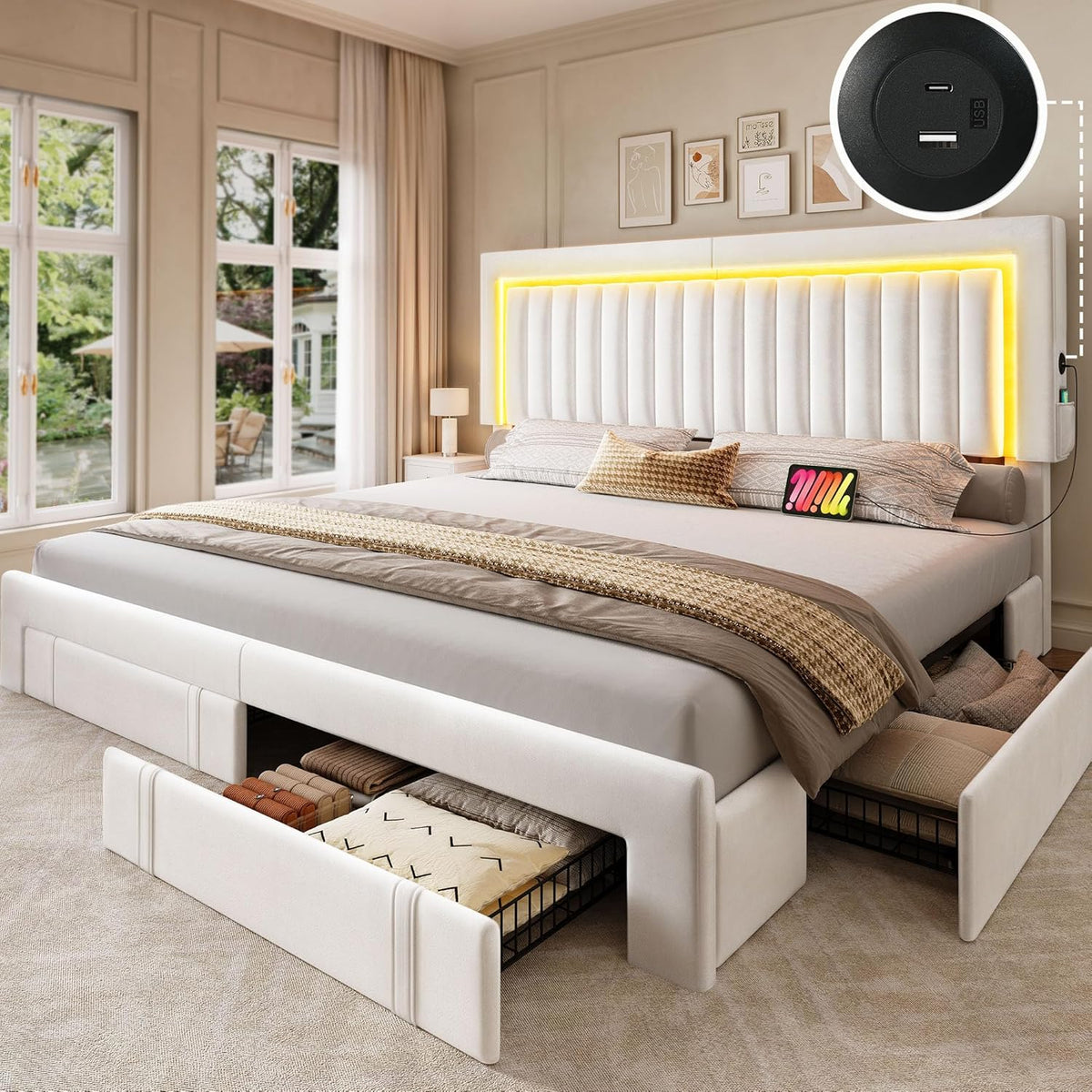 YITAHOME King Size Bed Frame with Adjustable Headboard, 4 Storage Drawers and RGB LED Lights, Velvet Upholstered Platform Bed with USB Ports, No Box Spring Needed, Fast Assembly, Noise-Free, White