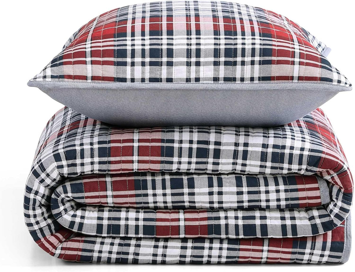Tommy Hilfiger - Queen Quilt Set, Soft Cotton w/Breathable Feel, Lightweight Bedding for Year Round Comfort, 3 Piece Bed Set w/Matching Pillowcases (Collegiate Tartan Blue)