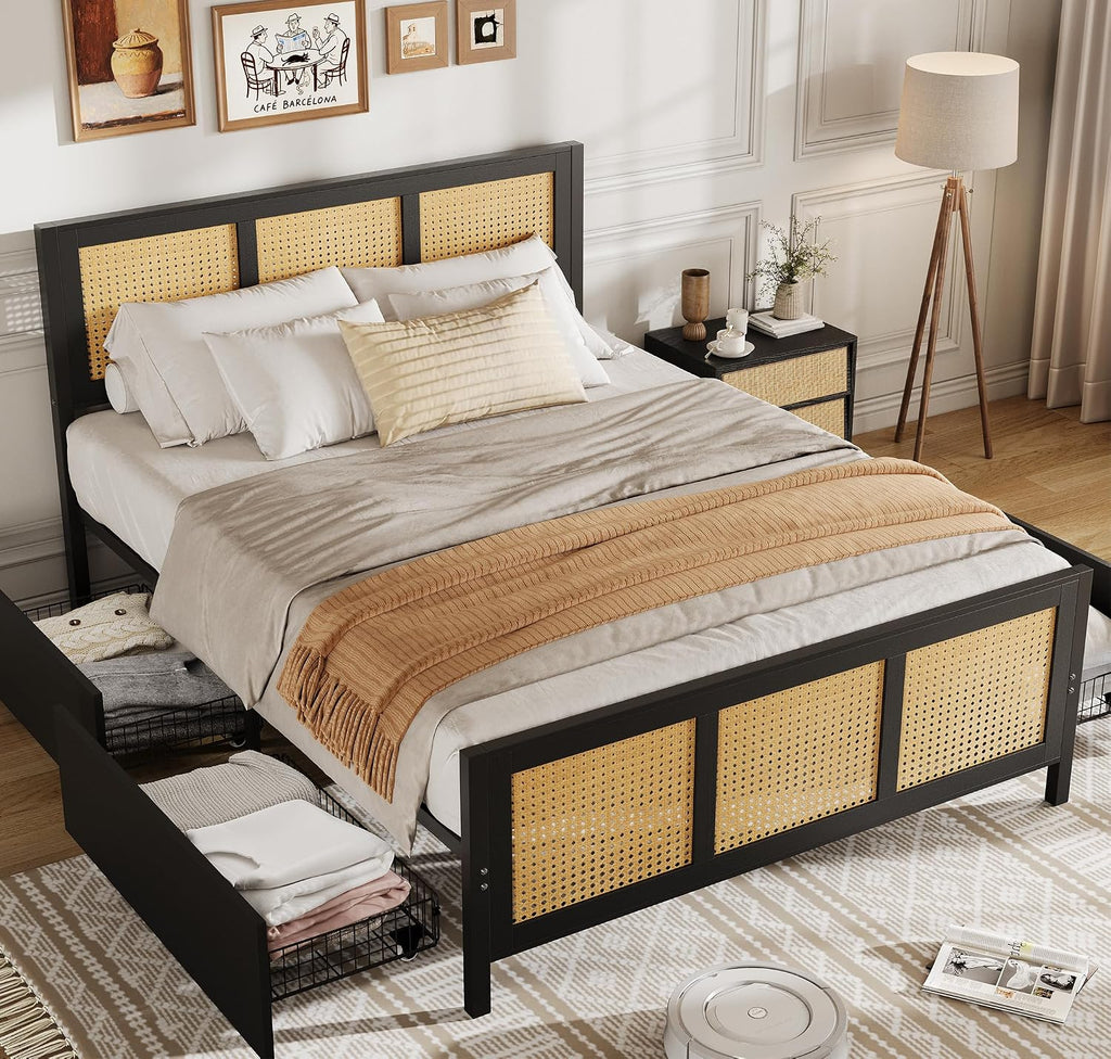 IDEALHOUSE Rattan Bed Frame with Storage Drawers, Boho Full Size Led Bed Frame with Strong Metal Slats Support, No Box Spring Needed, Noise-Free Design, Black