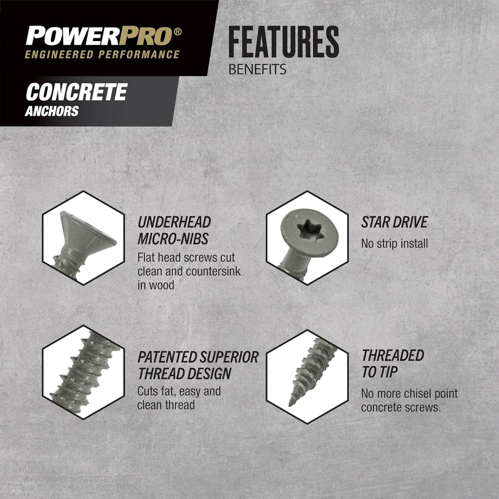 Power Pro 376641 Concrete Screw Anchors, 1/4' x 2-3/4', High-Performance, Code-Approved, Epoxy Coated, Coarse Thread, for Concrete and Masonry, Outdoor Rust Resistant, #410 Stainless Flat, 100pcs