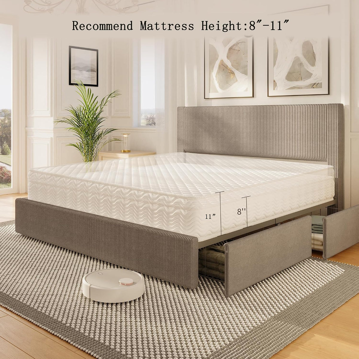 GarveeHome Bed Frame, Full Size Platform Bed Frame with 4 Storage Drawers, Upholstered Corduroy Channel Tufted Headboard Bed Frame with Strong Wooden Slat Support, No Box Spring Needed, Brown