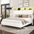 LARMACE King Size Bed Frame with LED Lights and Charging Station Linen Upholstered Platform Bed Frame with 51.2' Tall Wingback Headboard and Storage Shelf, No Box Spring Needed, Easy Assembly, Cream
