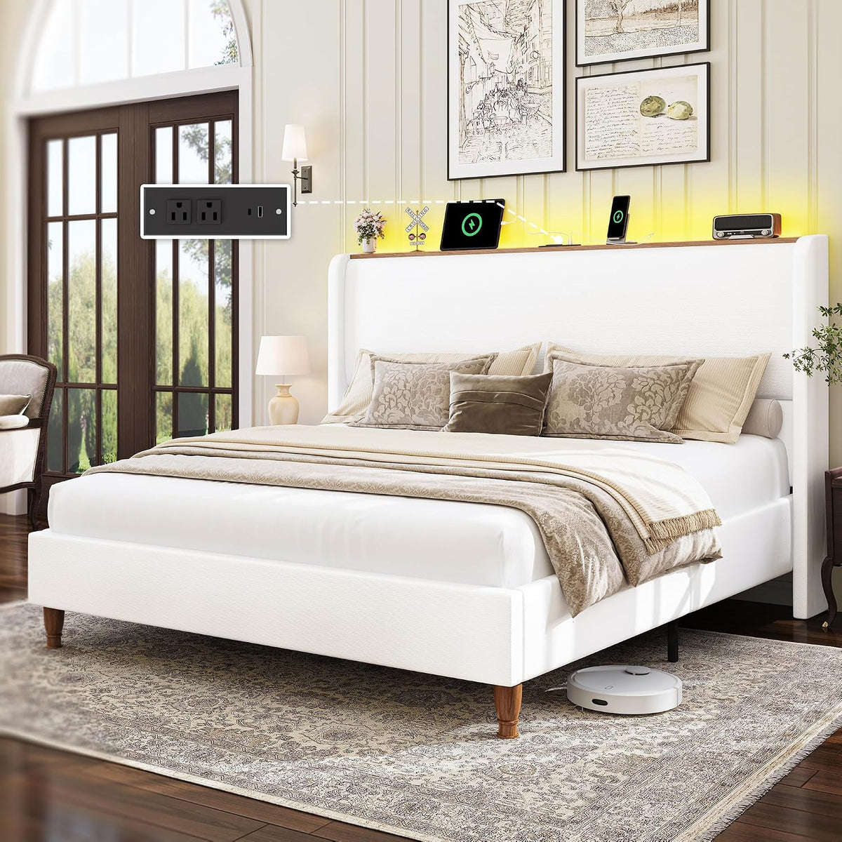 LARMACE King Size Bed Frame with LED Lights and Charging Station Linen Upholstered Platform Bed Frame with 51.2' Tall Wingback Headboard and Storage Shelf, No Box Spring Needed, Easy Assembly, Cream