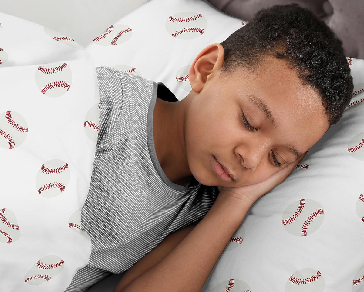 Sweet Jojo Designs Red, White and Blue Baseball Patch Sports Boy Full/Queen Kid Teen Bedding Comforter Set - 3 Pieces - Grey Patchwork Stripe