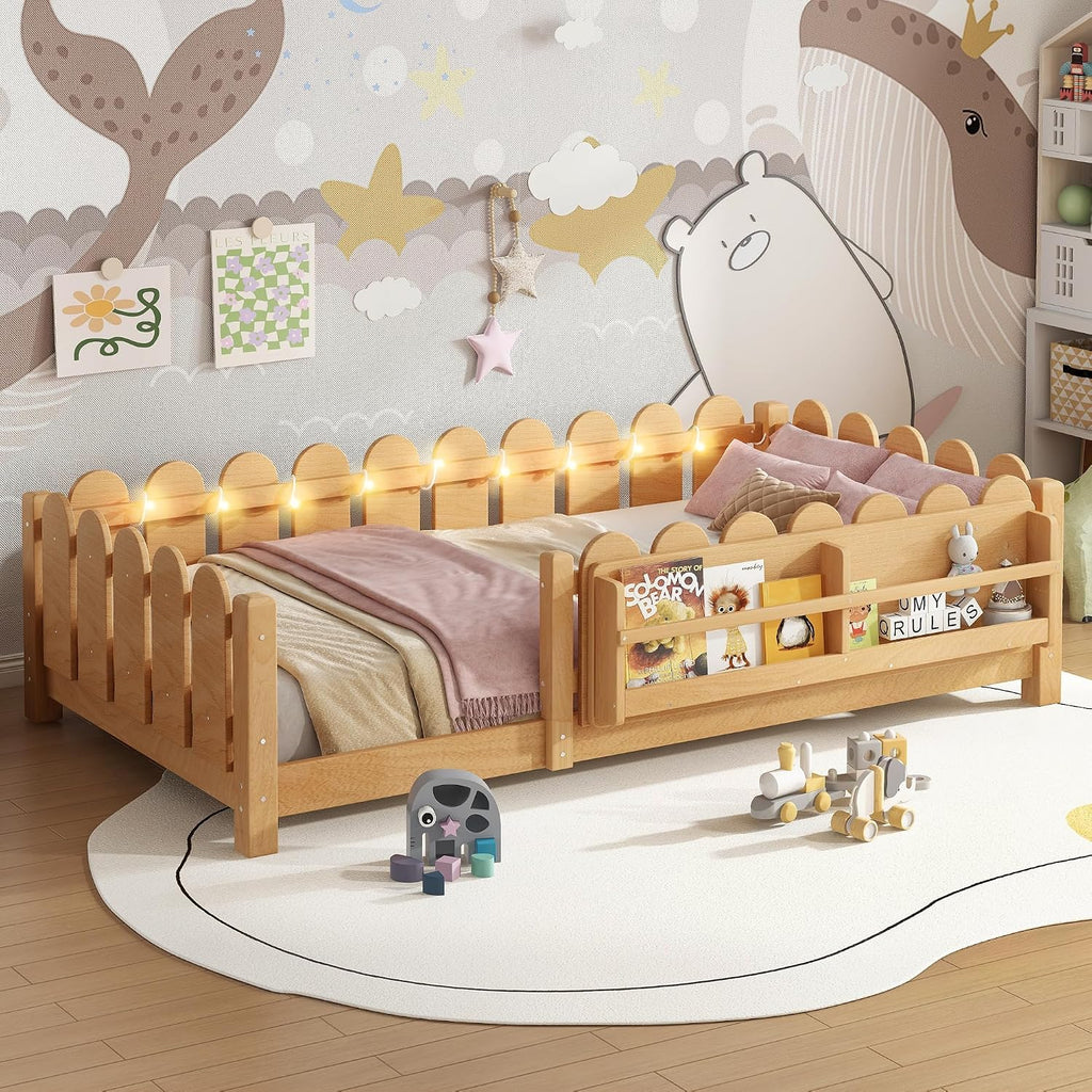 Bellemave Twin Floor Bed with Rails and Slats, Twin Size Montessori Floor Bed with Bookshelf, Fence and Lights, Low Profile Montessori Beds Frame for Girls, Boys, Light Natural