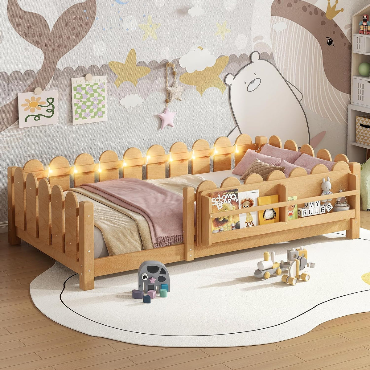 Bellemave Twin Floor Bed with Rails and Slats, Twin Size Montessori Floor Bed with Bookshelf, Fence and Lights, Low Profile Montessori Beds Frame for Girls, Boys, Light Natural