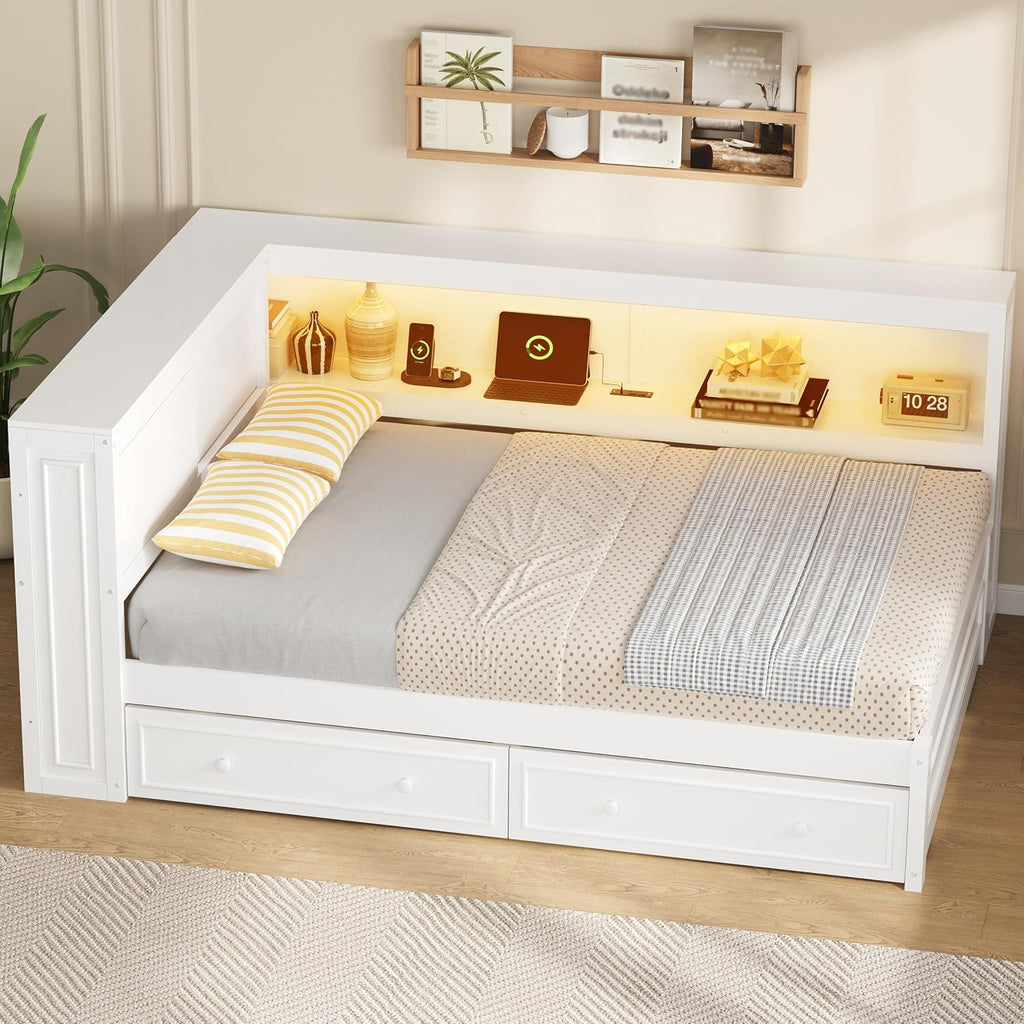 SOFTSEA Full Size Corner Bed with Drawers & Bookcase, L-Shaped Daybed with LED Lights & USB Ports, Wood Reversible Day Bed Frame with Storage Headboard for Kids Teens Bedroom, White