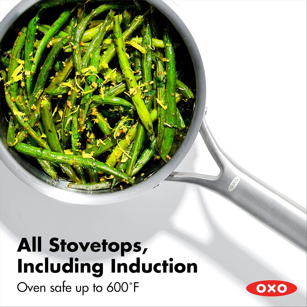 OXO Mira Tri-Ply Stainless Steel, 1.5QT and 3.57QT Chef's Pan Set with Lids, PFAS-Free, Multi Clad, Induction, Dishwasher Safe, Oven Safe, Silver