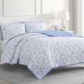 Martha Stewart 100% Cotton 3 Piece Reversible Quilt Set, Washed, Percale, Light Blue/White, 1 Quilt, 2 King Shams, Soft and Breathable, Lightweight, Ditsy Floral Printed Bedspread, King Size