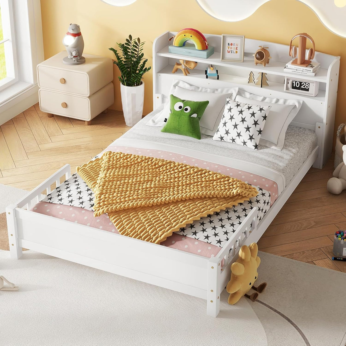 Full Size Kids Bed, Wood Kids Bed with Storage Bookcase & Headboard, Beds Frames with Rails & LED Motion Sensor Light, for Boys and Girls, White