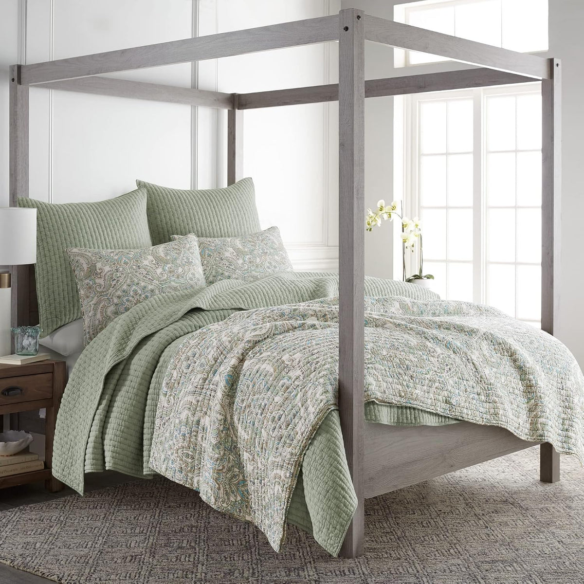 Levtex Home - Assisi Quilt Set - Full/Queen Quilt and Two Standard Shams - Regal Floral- Cream, Green, Blue and Taupe - Quilt (88x92in.) and Shams (20x26in.) - Reversible - Cotton/Cotton