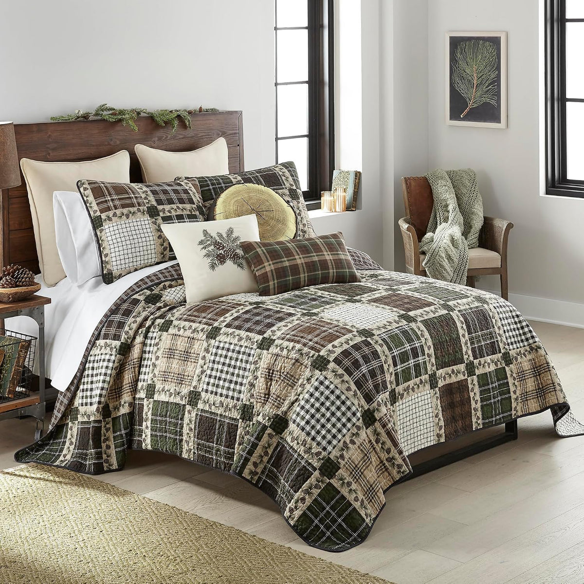 Donna Sharp Twin Bedding Set - 2 Piece - Pine Patch Cotton Quilt and One Standard Size Pillow Sham - Machine Washable - Perfect for Rustic Decor!