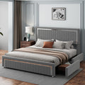 Jocisland King Size Upholstered LED Bed Frame with 4 Storage Drawers, Velvet Platform Bedframe with Channel Tufted Adjustable Headboard, Gray