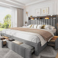 EnHomee Upholstered King Size Bed Frame with 4 Storage Drawers, 2-Tier Storage Headboard, Platform Bed Frame with Wooden Slats Support, No Box Spring Needed, Grey