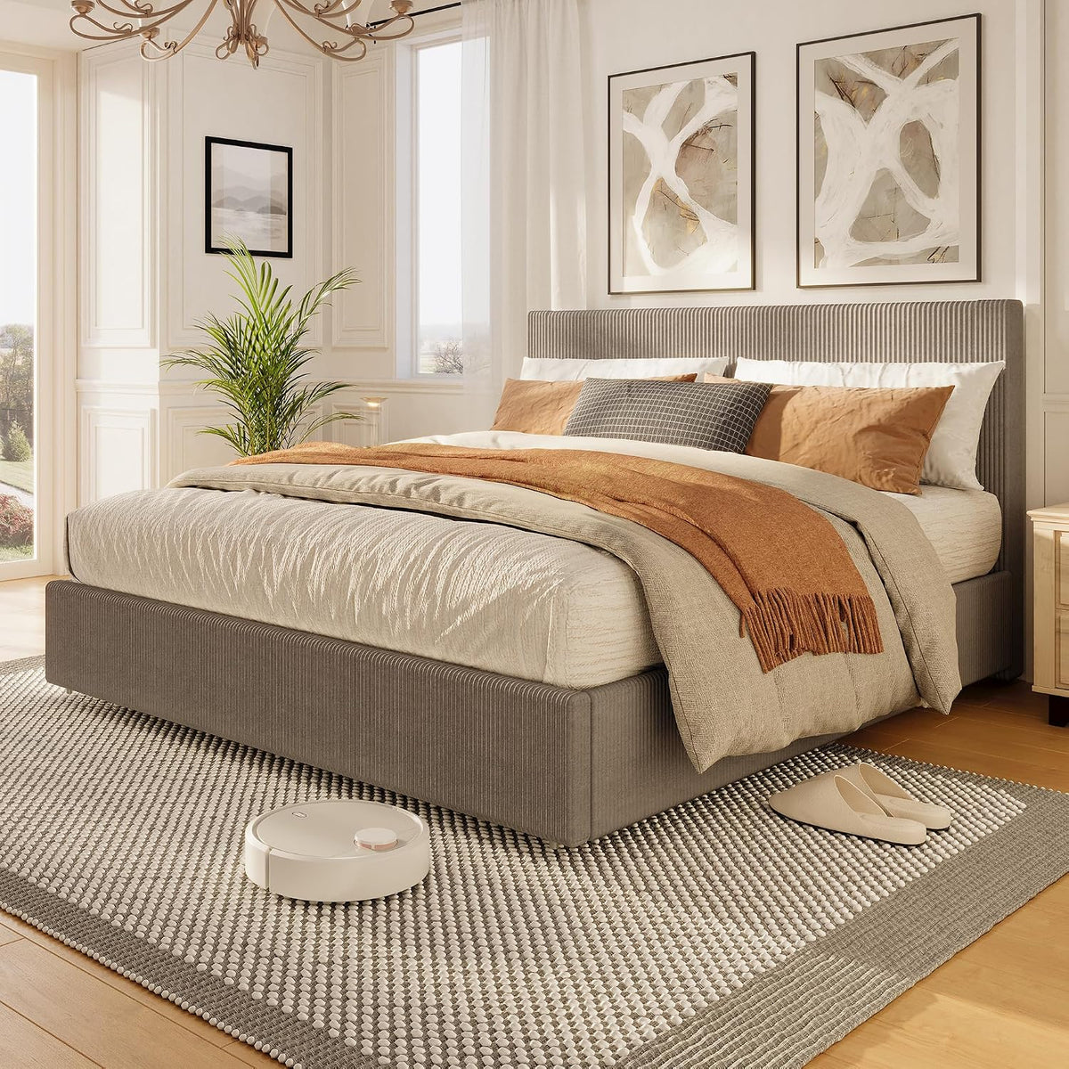 GarveeHome Bed Frame, Full Size Platform Bed Frame with 4 Storage Drawers, Upholstered Corduroy Channel Tufted Headboard Bed Frame with Strong Wooden Slat Support, No Box Spring Needed, Brown