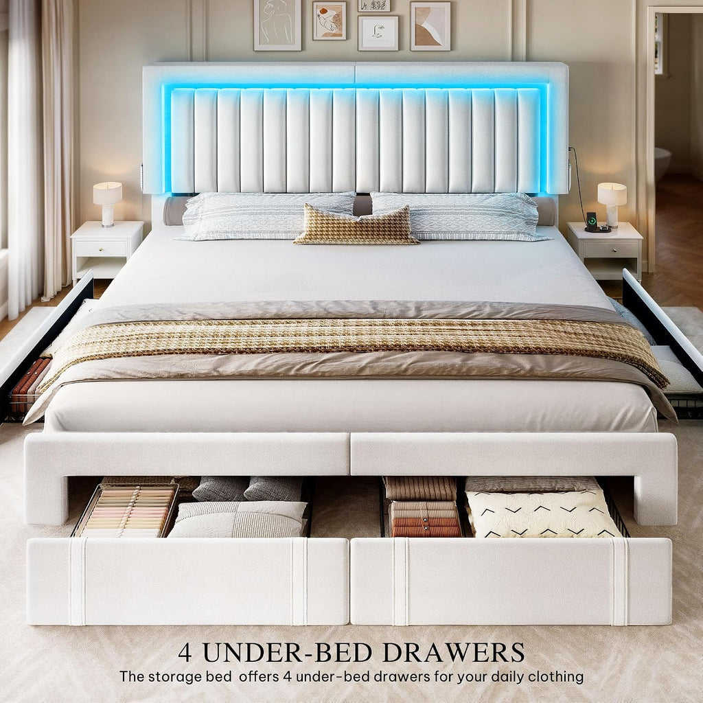 YITAHOME King Size Bed Frame with Adjustable Headboard, 4 Storage Drawers and RGB LED Lights, Velvet Upholstered Platform Bed with USB Ports, No Box Spring Needed, Fast Assembly, Noise-Free, White