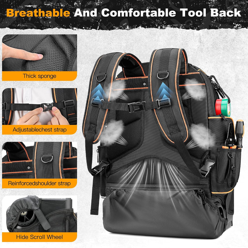 Rolling Tool Backpack Bag with Wheels, Heavy Duty Tool Bag on Wheels for Men, HVAC Electrician Plumber Large Tool Organizer with Molded Base, Combination Lock & USB Port for Construction Jobsite