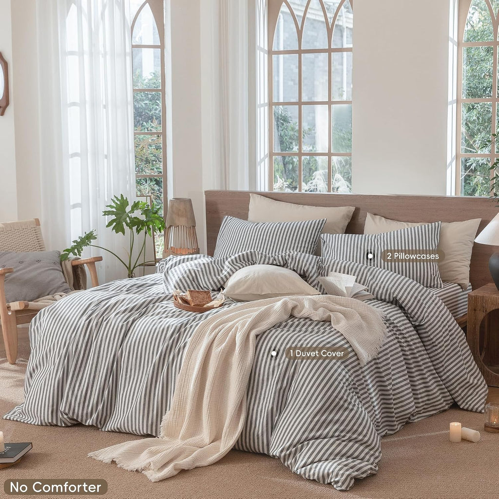 MooMee Striped Duvet Cover Set 100% Washed Cotton Linen Like Textured Breathable Durable Soft Comfy (Dark Grey White Classic Stripes, Super King Plus 120'x120')