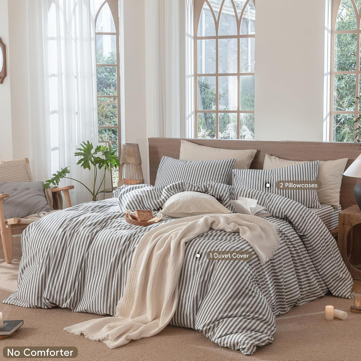 MooMee Striped Duvet Cover Set 100% Washed Cotton Linen Like Textured Breathable Durable Soft Comfy (Dark Grey White Classic Stripes, Super King Plus 120'x120')