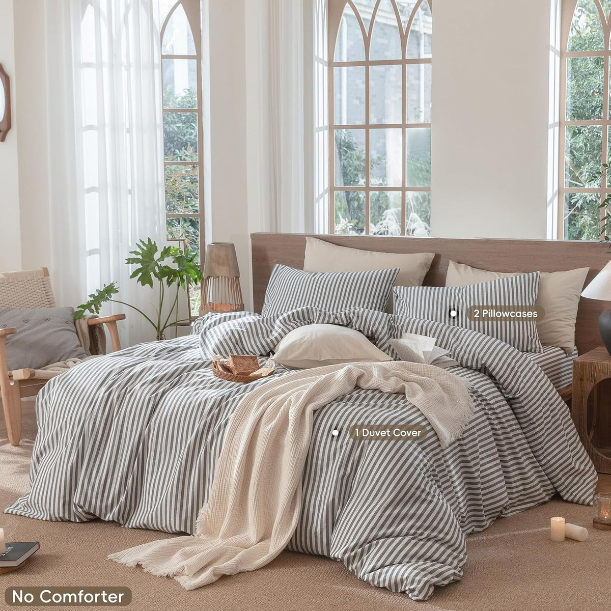 MooMee Striped Duvet Cover Set 100% Washed Cotton Linen Like Textured Breathable Durable Soft Comfy (Dark Grey White Classic Stripes, Alaska King 132'x120')
