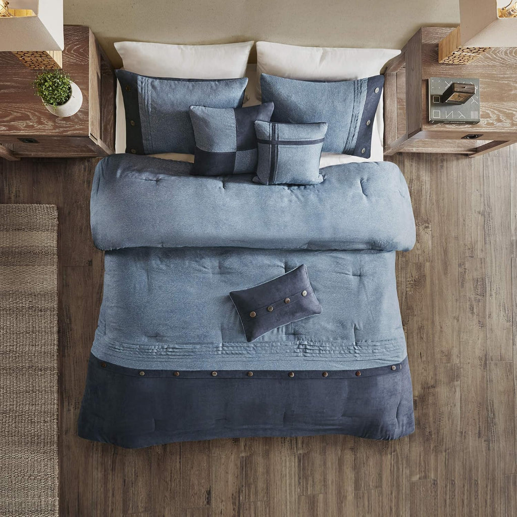 Madison Park Boone Cozy Comforter Set, Faux Suede, Deluxe Hotel Styling All Season Down Alternative Bedding Matching Shams, Decorative Pillow, King (104 in x 92 in), Rustic Dark Navy 7 Piece