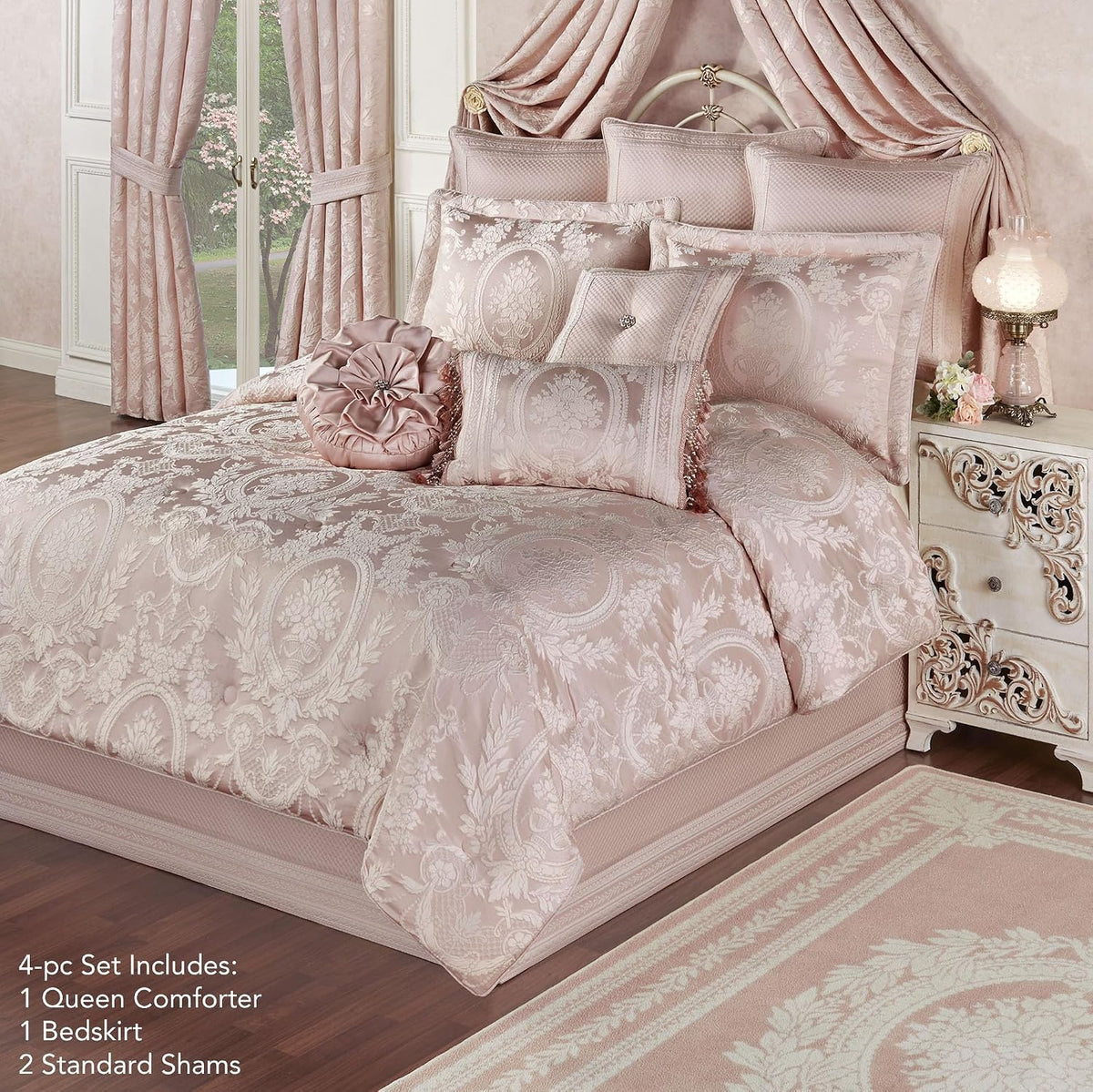 Marquessa Luxury Bedding | Soft Pearl and Pastel Blush Pink Hues | Puff Jacquard-Woven Traditional Floral Bouquet and Swag Motifs | 4 Piece Bed Set: Queen Comforter, Bedskirt, & 2 Standard Shams