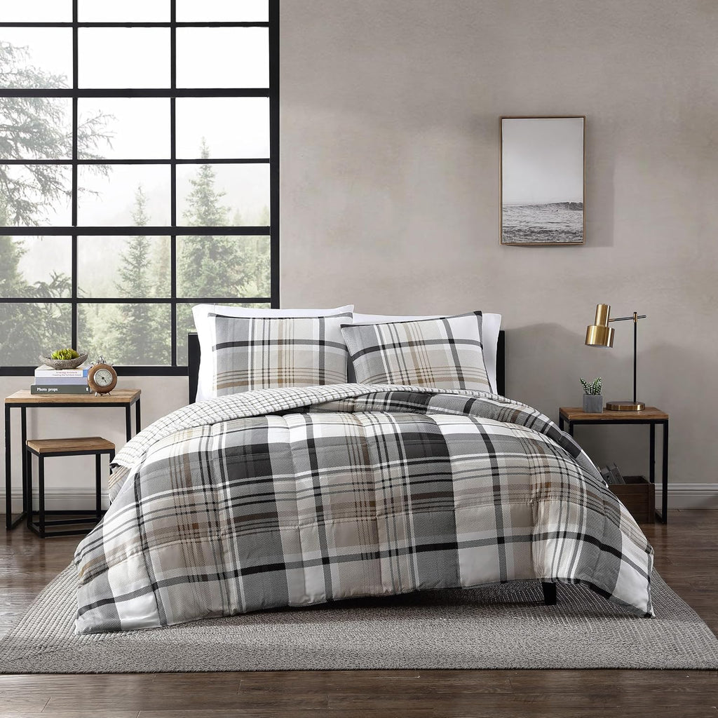 Eddie Bauer - King Comforter Set, Plaid Reversible Bedding, Stylish & Warm Home Decor (Normandy Grey, King)