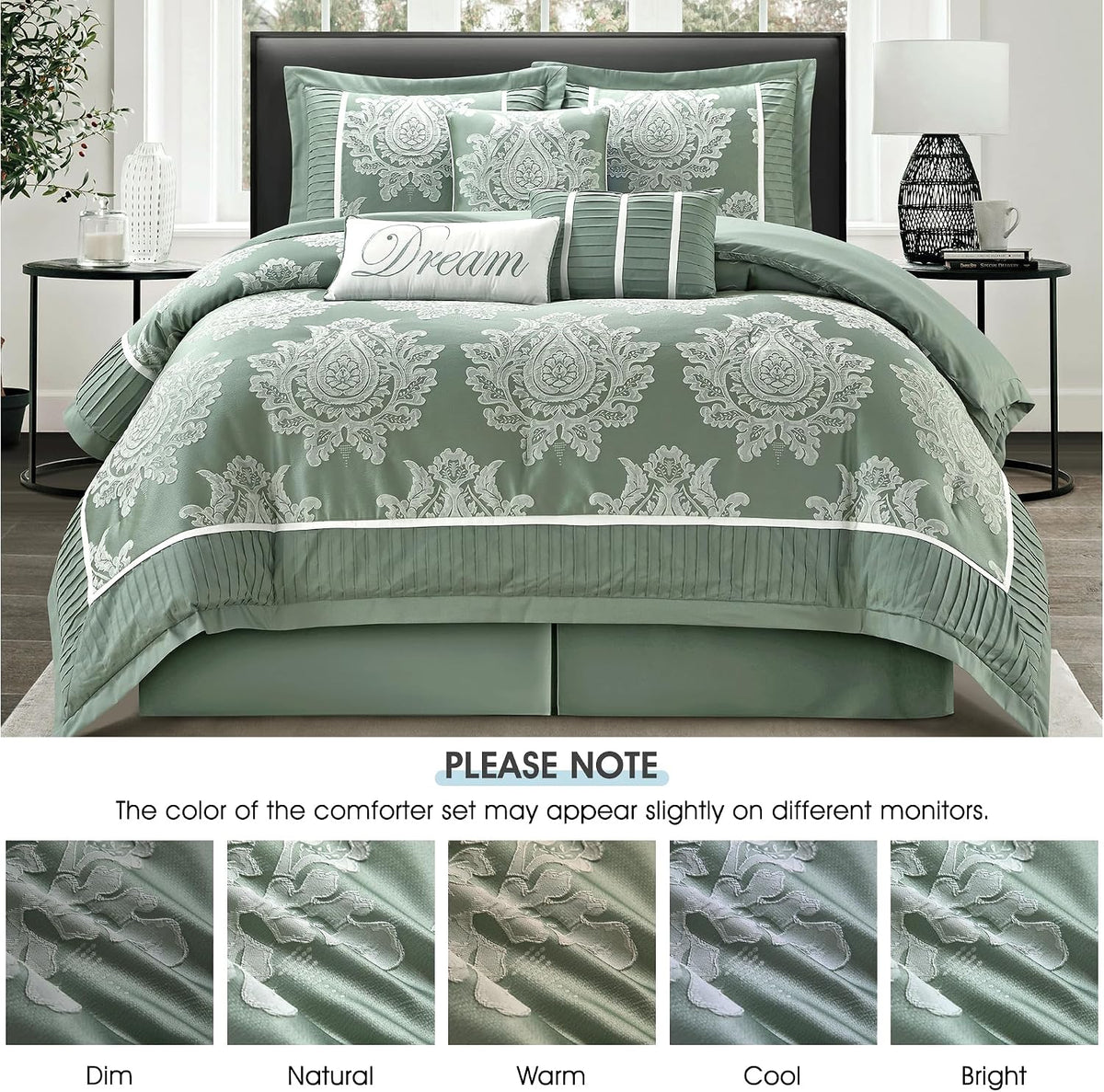 LANCO MODERN LIFESTYLE Sage Queen Comforter Set 7 Pieces, Jacquard Woven with Damask, Bedding Set in a Bag Includes Comforter, Bed Skirt, Pillow Shams, and Decorative Pillows