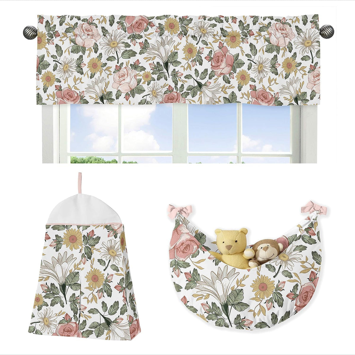 Sweet Jojo Designs Vintage Floral Boho Baby Girl Nursery Crib Bedding Set - 11 Pieces - Blush Pink, Yellow, Green and White Shabby Chic Rose Flower Farmhouse