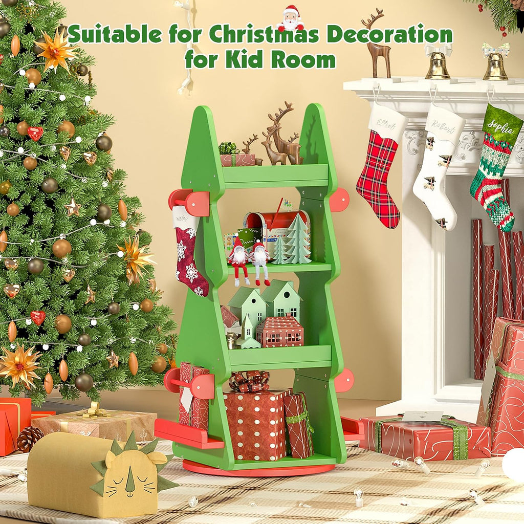 HedoAjim 4-Tier 360° Rotating Kids Bookshelf, Wooden Christmas Tree Bookcase Toy Storage Organizer for Boys & Girls, Nursery, Playroom, Bedroom