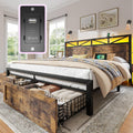 EnHomee King Size Bed Frame with Headboard, 2 Large Drawers Platform Bed with LED Lights and Built-in Charging Station, No Box Spring Needed, Noise-Free Metal Bed for Bedroom,Brown