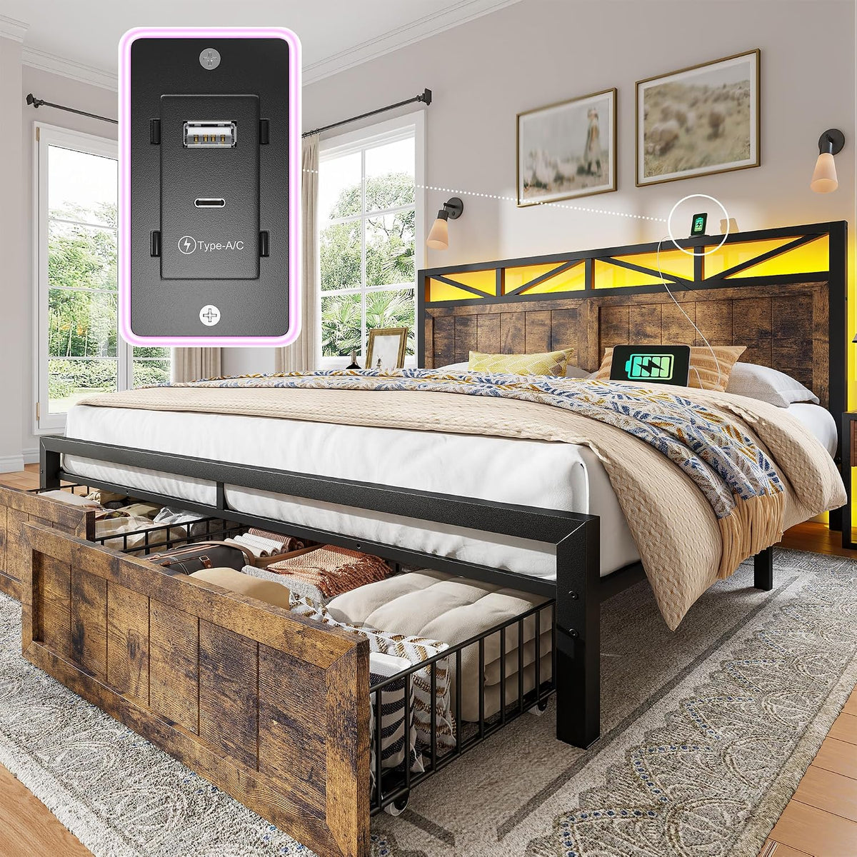 EnHomee King Size Bed Frame with Headboard, 2 Large Drawers Platform Bed with LED Lights and Built-in Charging Station, No Box Spring Needed, Noise-Free Metal Bed for Bedroom,Brown