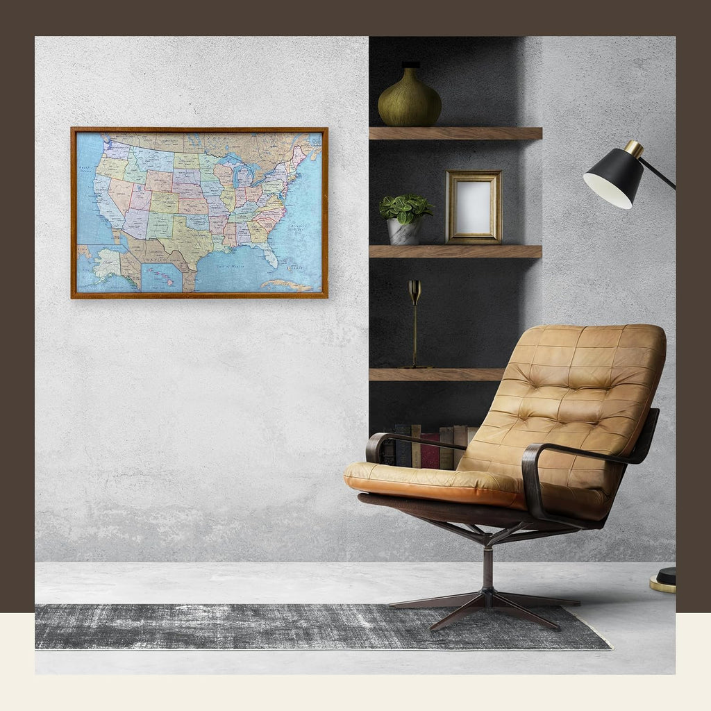 Wall Things Co. Large USA Push Pin Travel Map and Picture Frame, Mark Places Traveled, United States Magnetic Metal Poster, Political Antique Color, 36x24 Inches