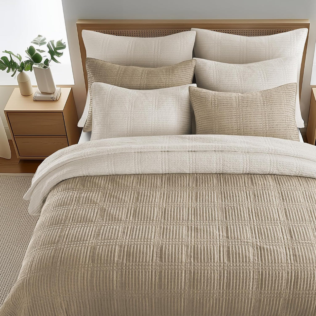 Levtex Home Cloud Waffle King/Cal King Quilt Set (106x92in) and 2 Pillow Shams (36x20in) - Box Quilted Waffle Texture - Taupe - Cotton King Size Quilt Bedding Set - Lightweight Soft Pre-Washed