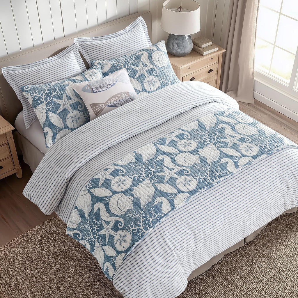 Levtex Home - Stillwater Denim Quilt Set - King Quilt and Two King Shams - Coastal - Denim Blue and White - Quilt (106x92in.) and Shams (20x36in.) - Reversible - Cotton