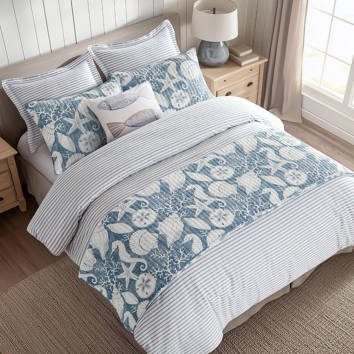 Levtex Home - Stillwater Denim Quilt Set - King Quilt and Two King Shams - Coastal - Denim Blue and White - Quilt (106x92in.) and Shams (20x36in.) - Reversible - Cotton