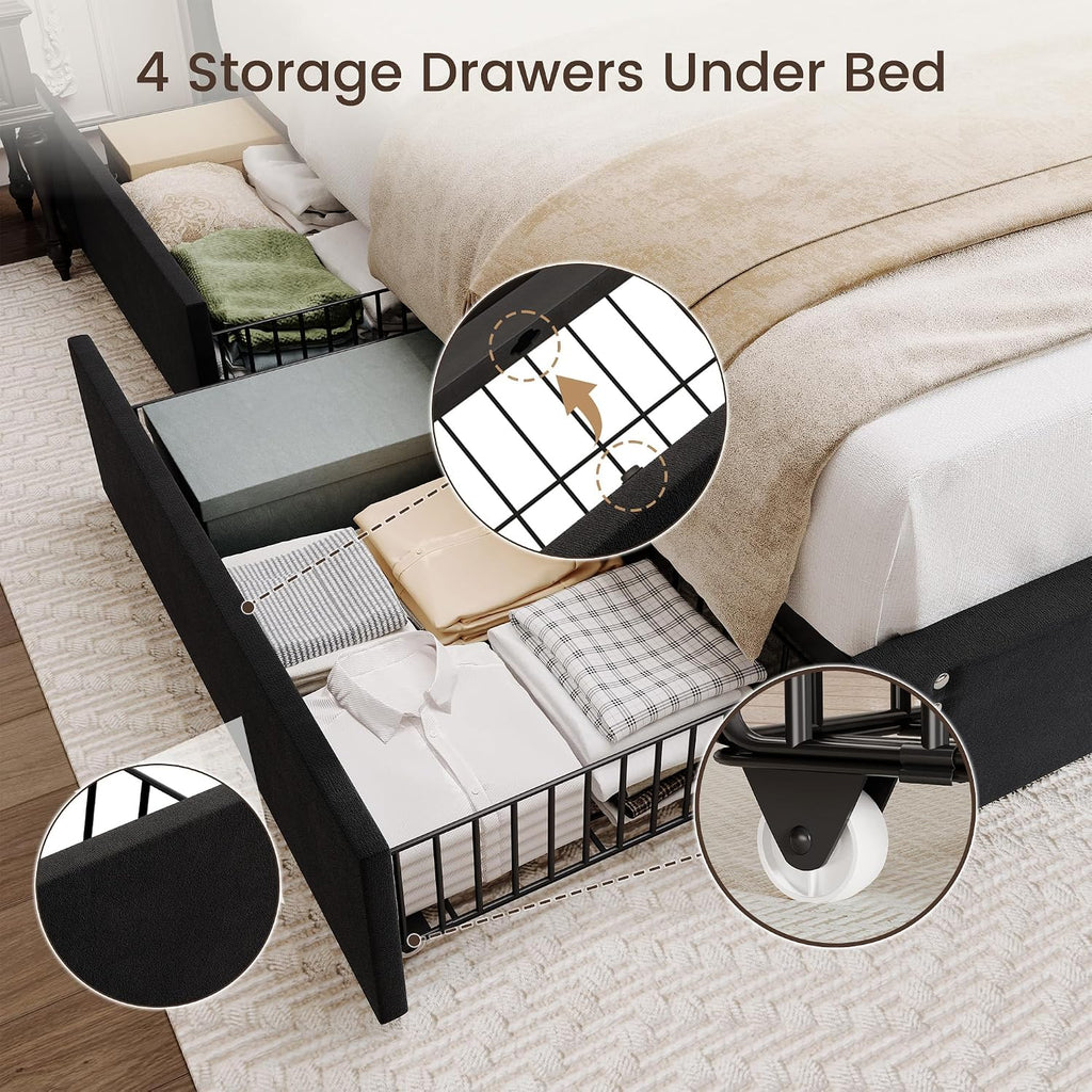 BRELTAM King Size Bed Frame with 4 Storage Drawers and Tufted Headboard Velvet Upholstered Platform Bed Frame with Heavy Duty Wood Slats, No Box Spring Needed, Black