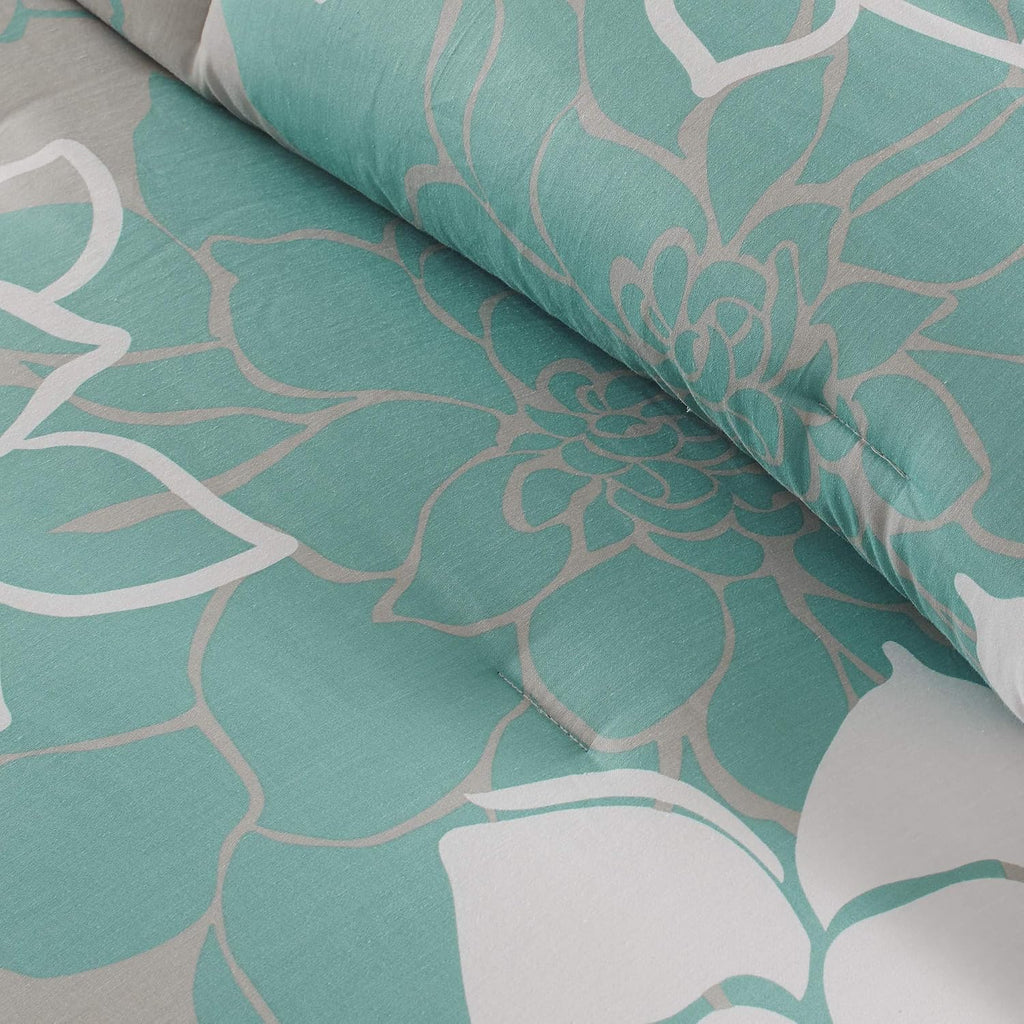 Madison Park Lola Sateen Cotton Comforter Set-Casual Medallion Floral Design All Season Down Alternative Bedding, Shams, Bedskirt, Decorative Pillows, King, Grey/Aqua 7 Piece