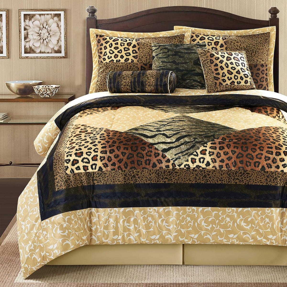 LANCO MODERN LIFESTYLE 7 Piece Queen Comforter Set, Brown Gold, Leopard Short Plush Print, African Safari Themed Bed Set for All Season, Include Comforter, Bedskirt, Pillow Shams and Decor Pillows