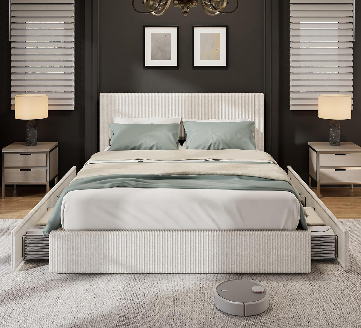 GarveeHome Bed Frame, King Size Platform Bed with 4 Storage Drawers, Upholstered Corduroy Channel Tufted Headboard Bed Frame with Strong Wooden Slat Support, No Box Spring Needed, Beige