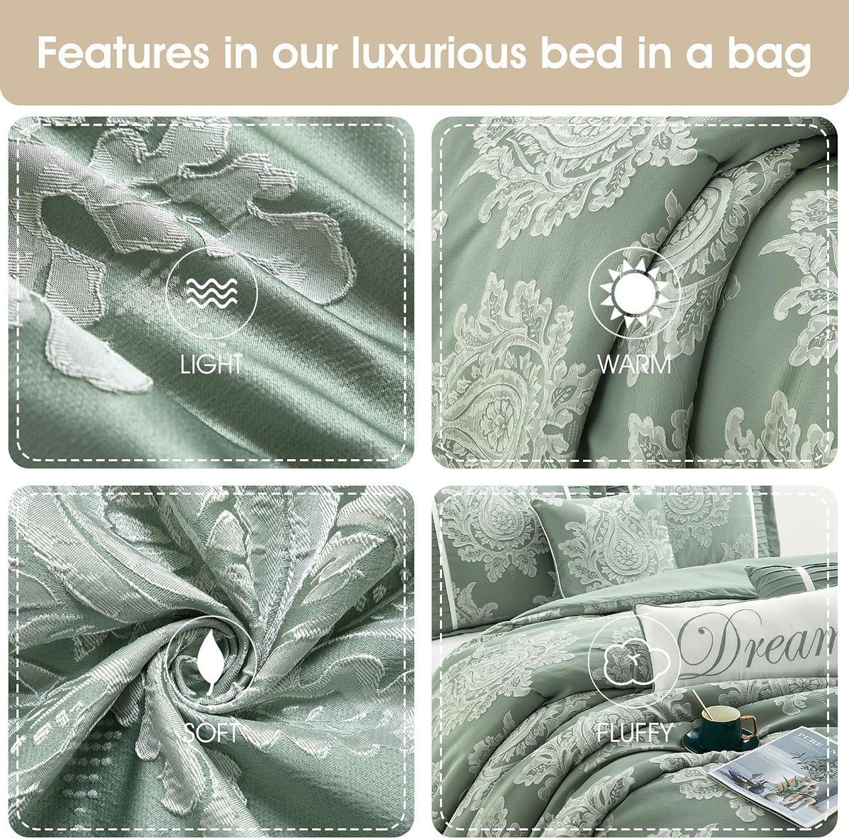 Grand Avenue Sage 7PC Comforter Set Queen Size, Jacquard with Matching Solid Piecework Bedding Set, All Season, Bedskirt, Pillows & Shams