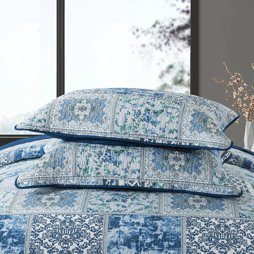 NEWLAKE Cotton Bedspread Quilt Sets-Reversible Patchwork Coverlet Set, Blue Classic Bohemian Pattern,California King Size