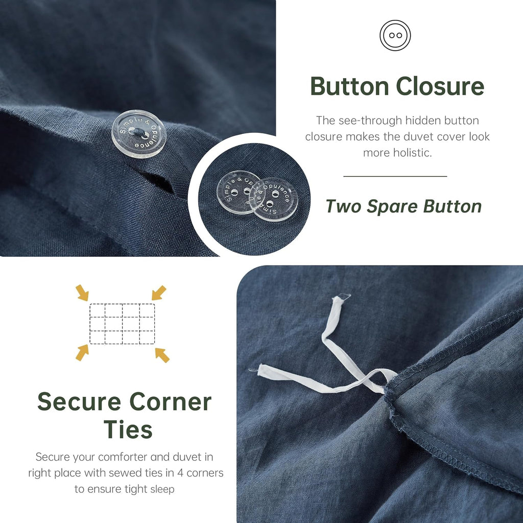 Simple&Opulence 100% Linen Duvet Cover Set, 3 PCS Classic Blue Duvet Cover Queen Size, Breathable Soft Comfy Linen Bedding Comforter Cover with 2 Pillowcases(Classic Blue, 88'x92')