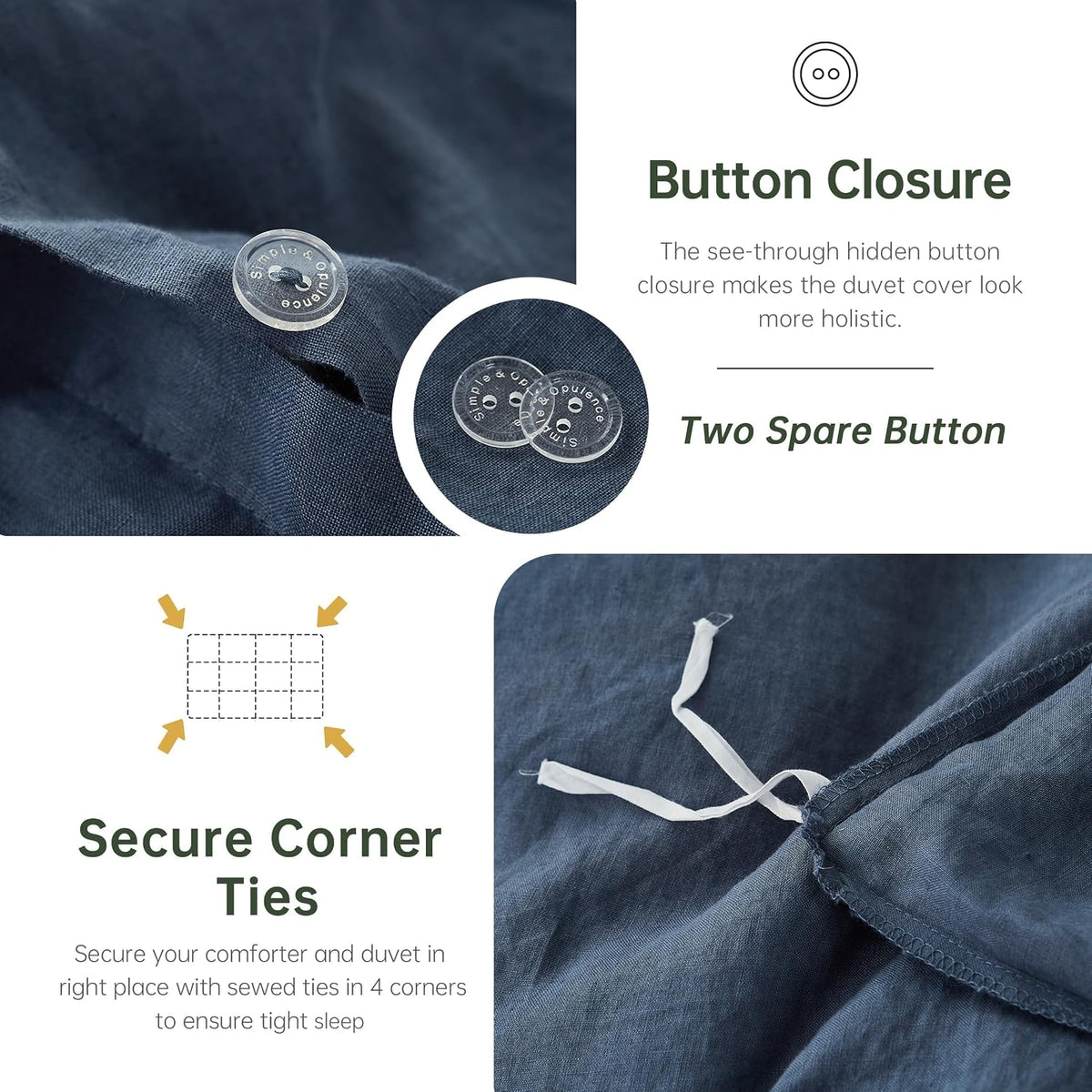 Simple&Opulence 100% Linen Duvet Cover Set, 3 PCS Classic Blue Duvet Cover Queen Size, Breathable Soft Comfy Linen Bedding Comforter Cover with 2 Pillowcases(Classic Blue, 88'x92')