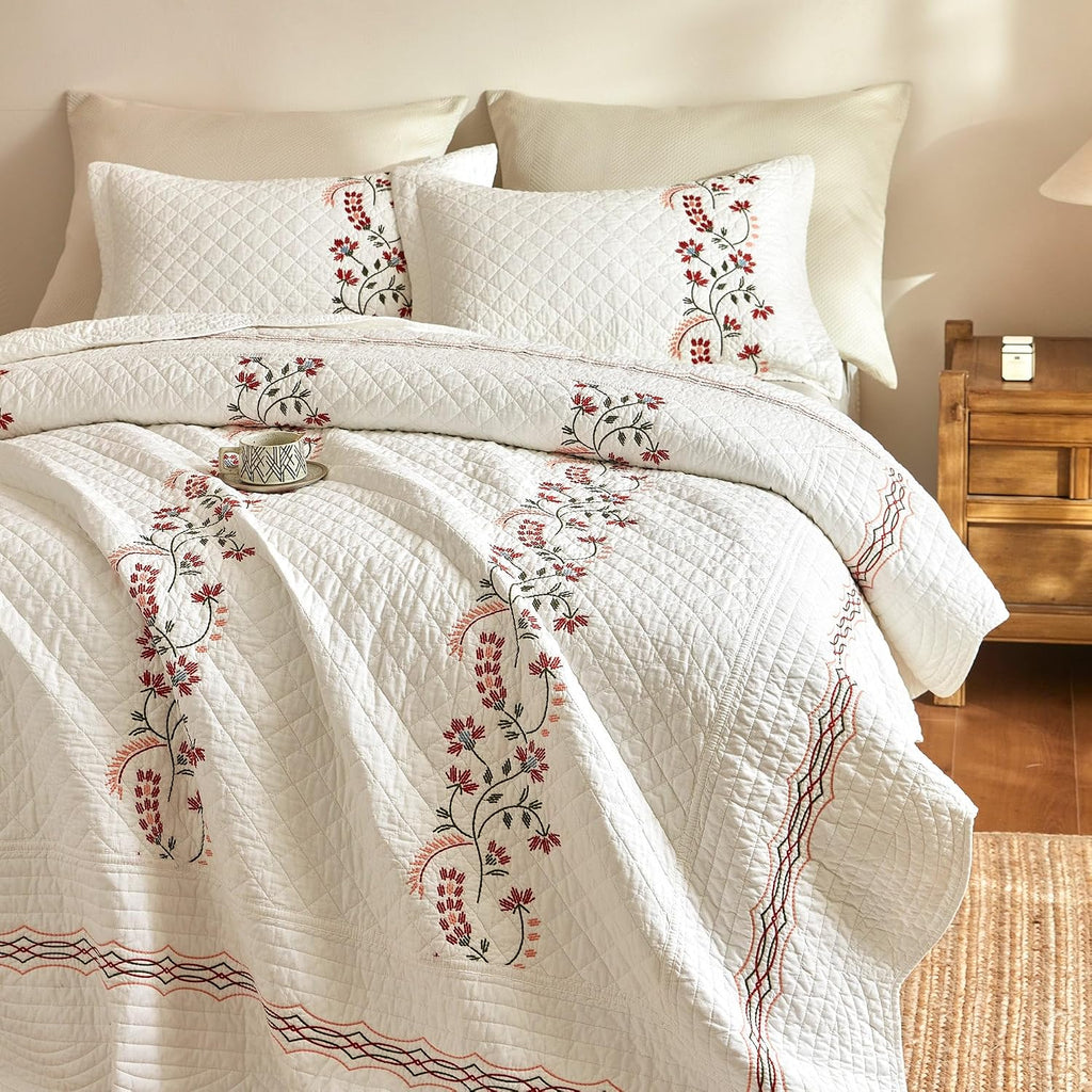 MarCielo 3Pcs Cotton European Folk Embroidered Quilt Bedspread Set Modern Farmhouse Style TC155